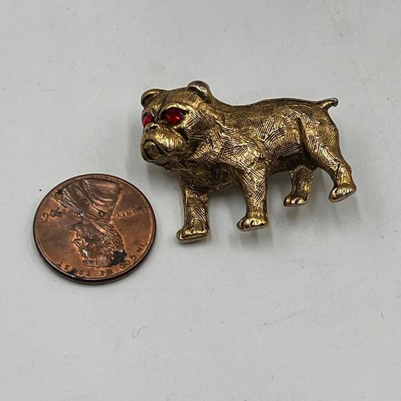 Pug French Bulldog Dog Pin
Puppy Bull Boxer Brooch Red Eyes Textured Gold Tone - Picture 5 of 7